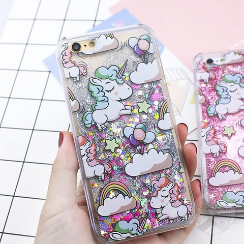 Glitter Waterfall Phone Case Unicorn over Rainow Pink